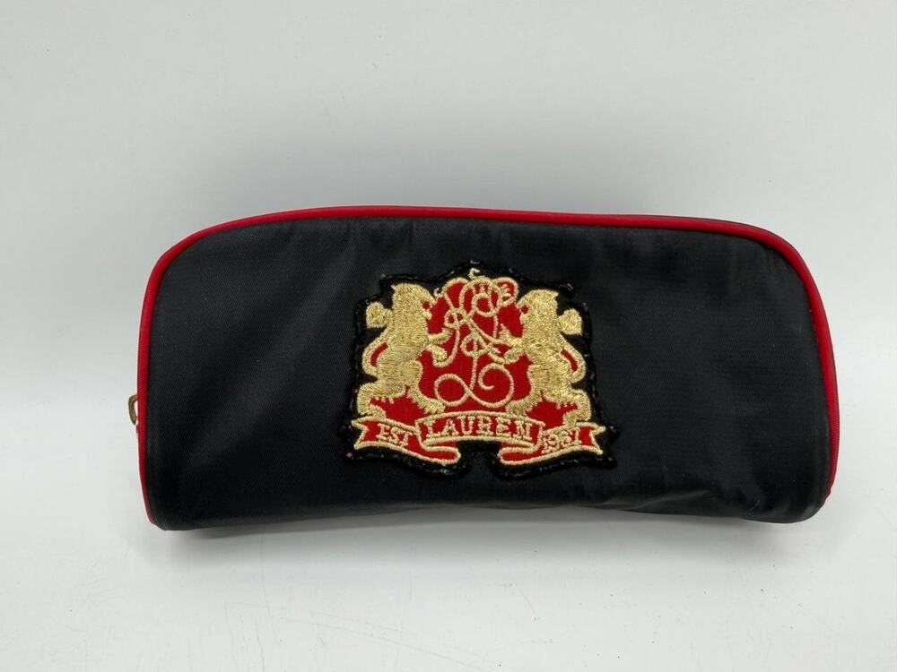 Lauren Ralph Lauren Black Red Gold Crest Zip Makeup Cosmetic Travel Bag Pouch